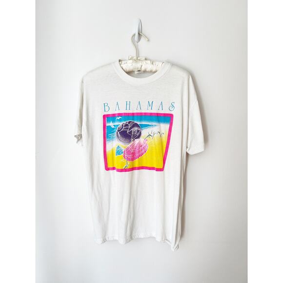 Vintage Tops - SIZE L Vintage Bahamas Neon Shells T-shirt Tee 80s / Paper Thin / Super Soft